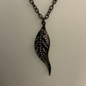 Leaf and Rhinestone Bronze Tone Pendant Necklace